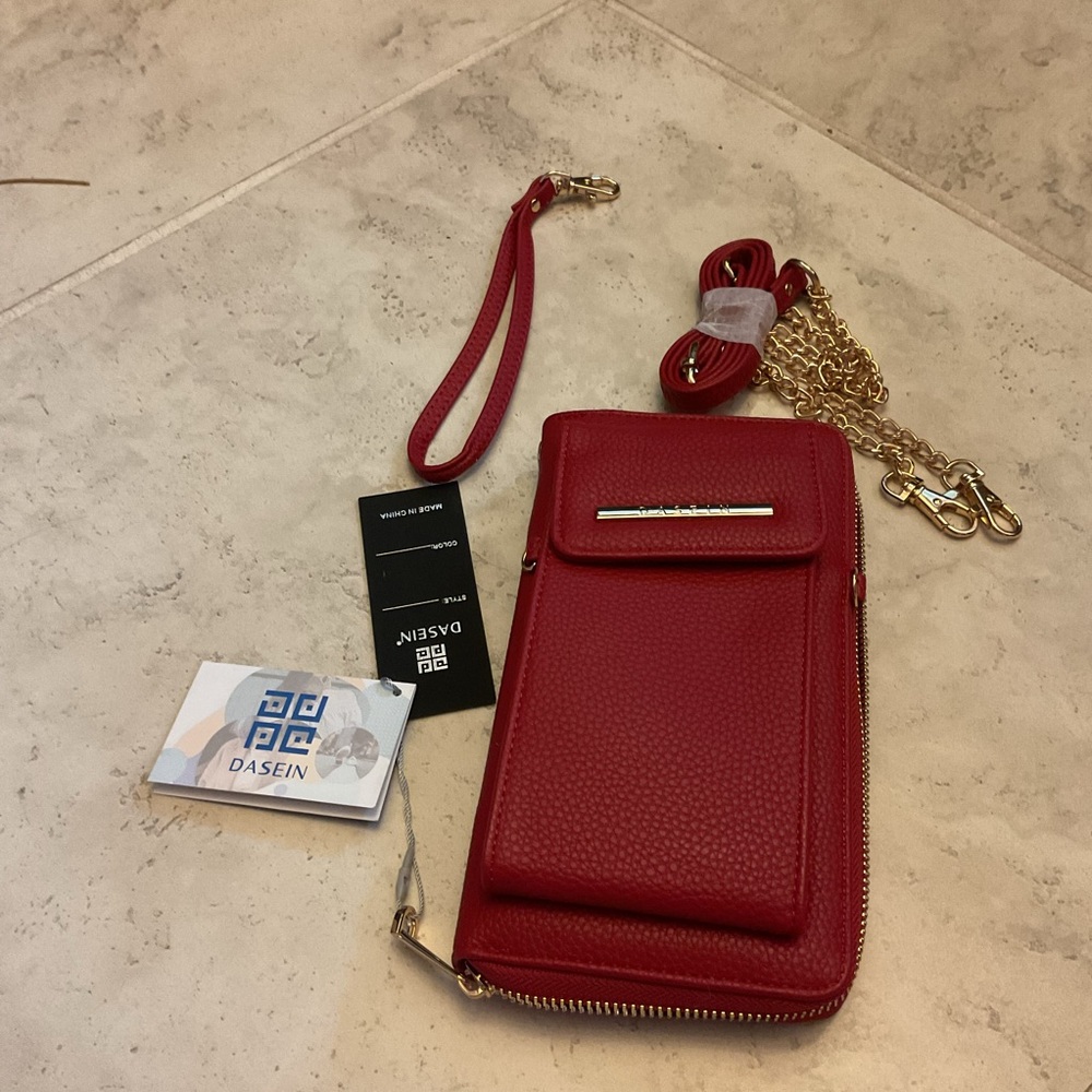 Dasein Crossbody wallet phone purse ruby red pebbled texture gold chain 12 slots
